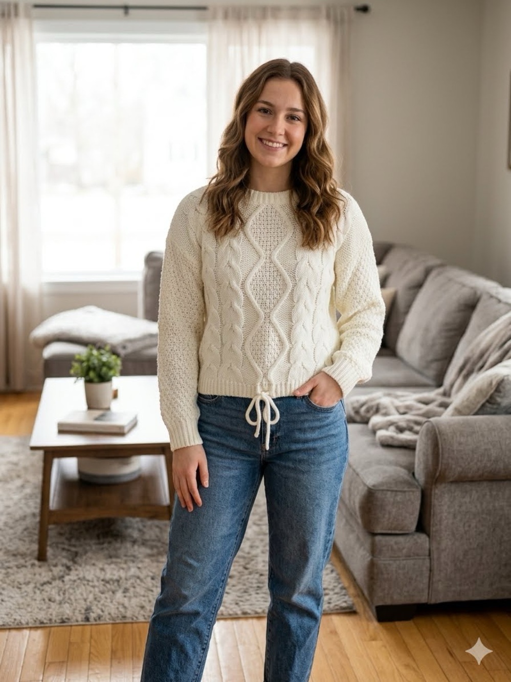 LUMIERE Cream Cable Knit Drawstring Sweater